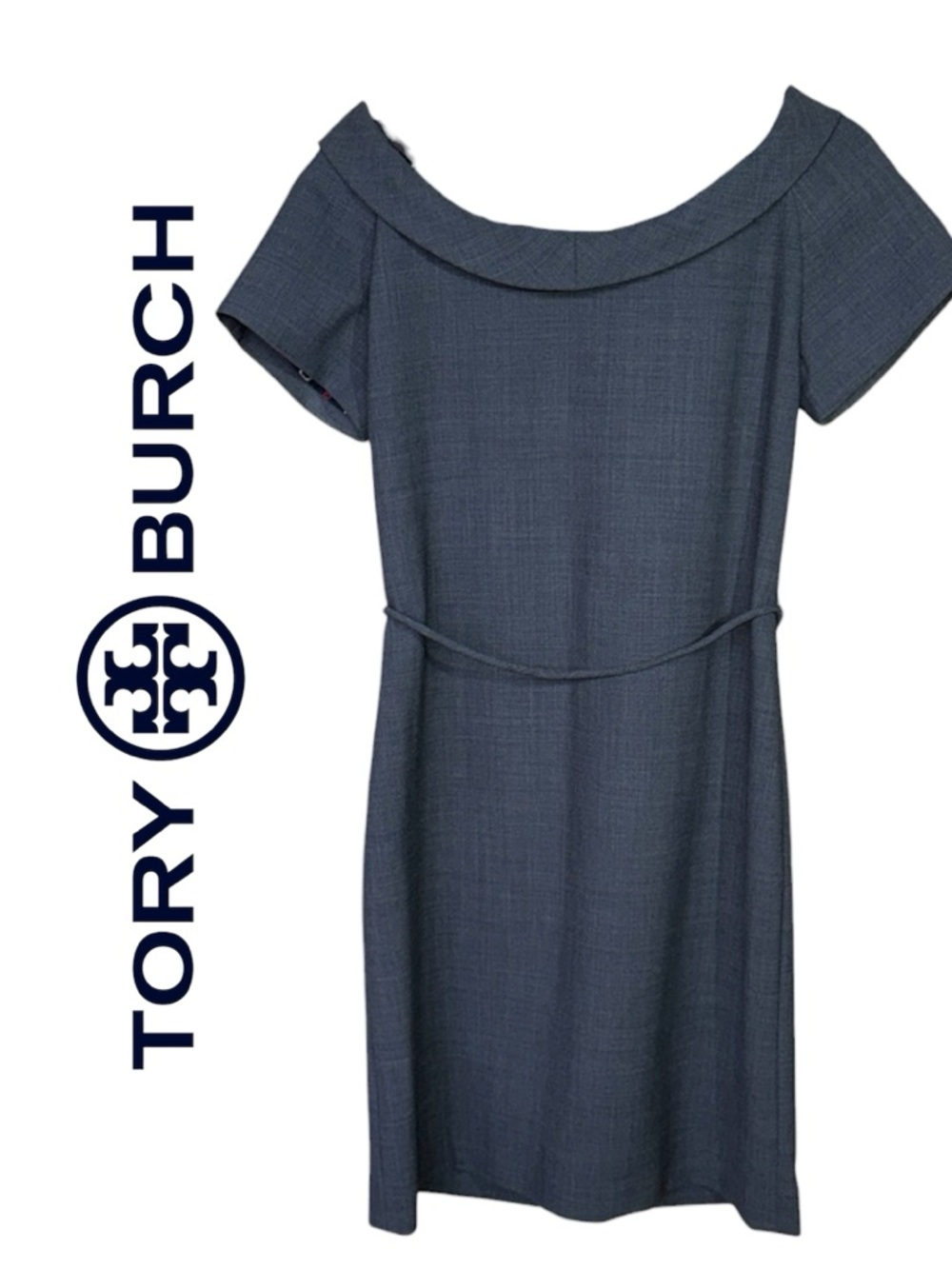 Tory Burch Gray Wool Blend Sheath Dress Chain Print Silk Lined Elegant Neckline - Picture 2 of 15